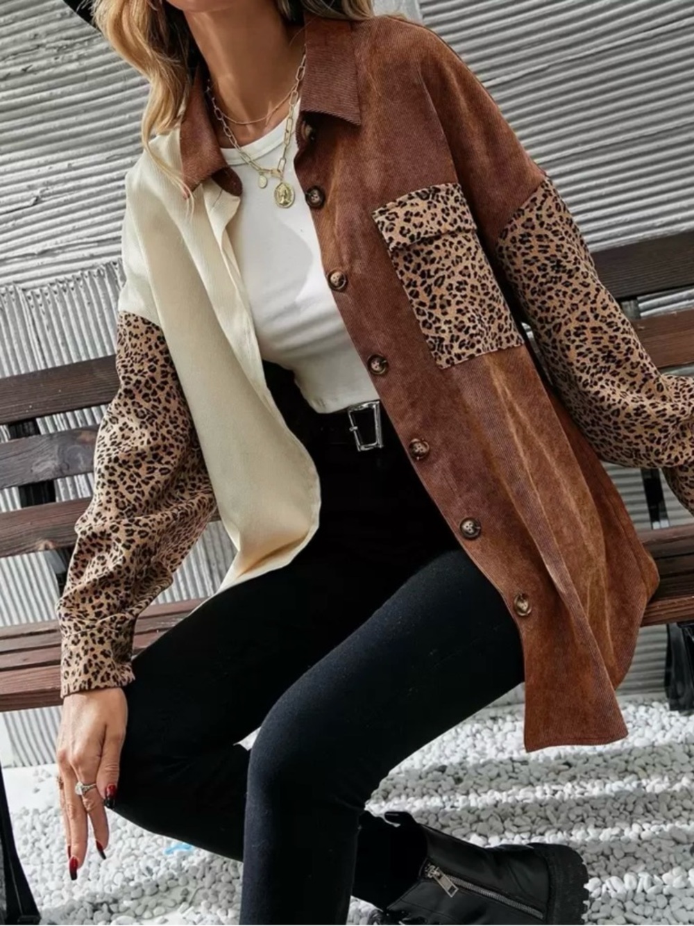 SHEIN Cream and Brown Colorblock Leopard Accent Button-Down Shirt